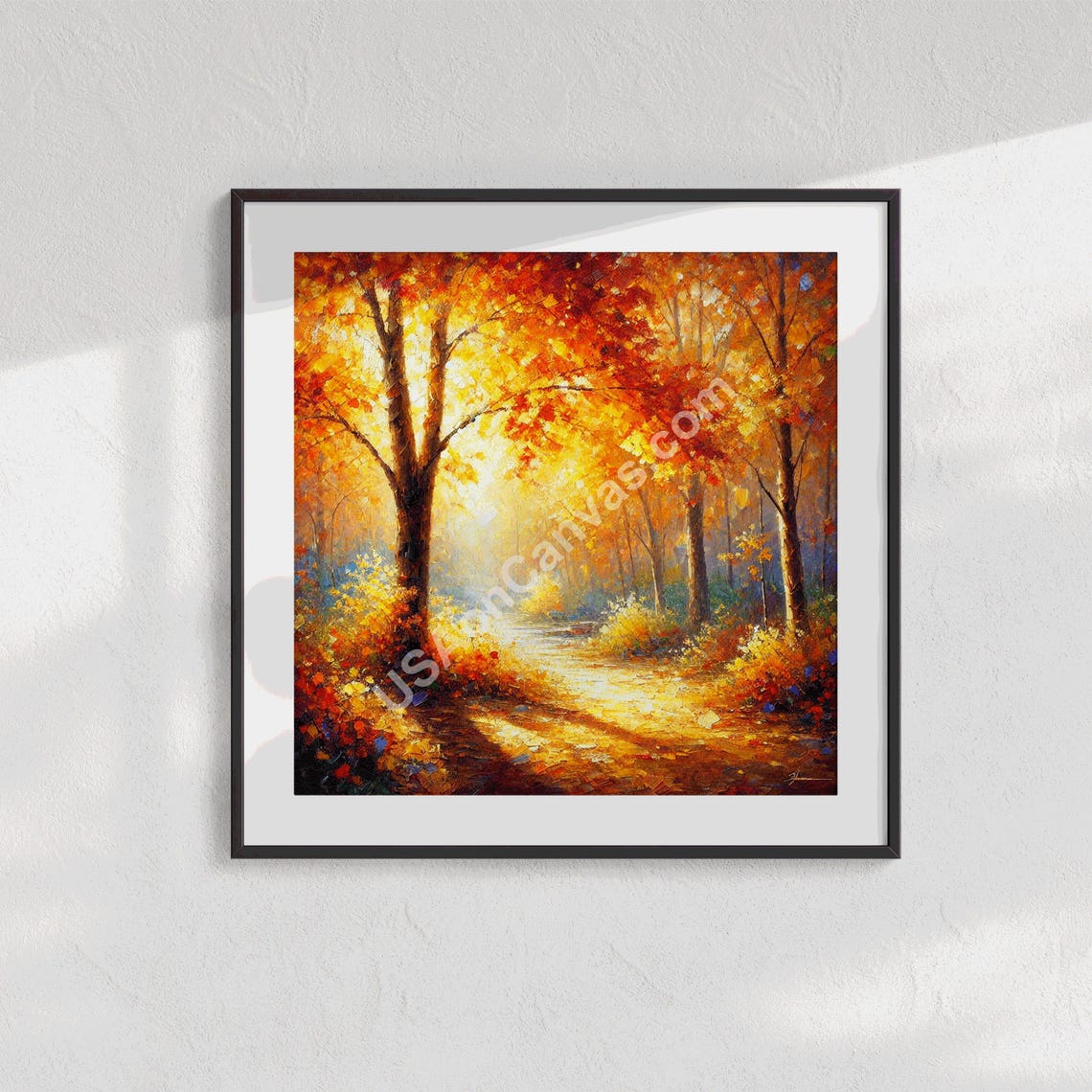 Sunlit Autumn Forest Path Through Golden Fall Trees Art Poster