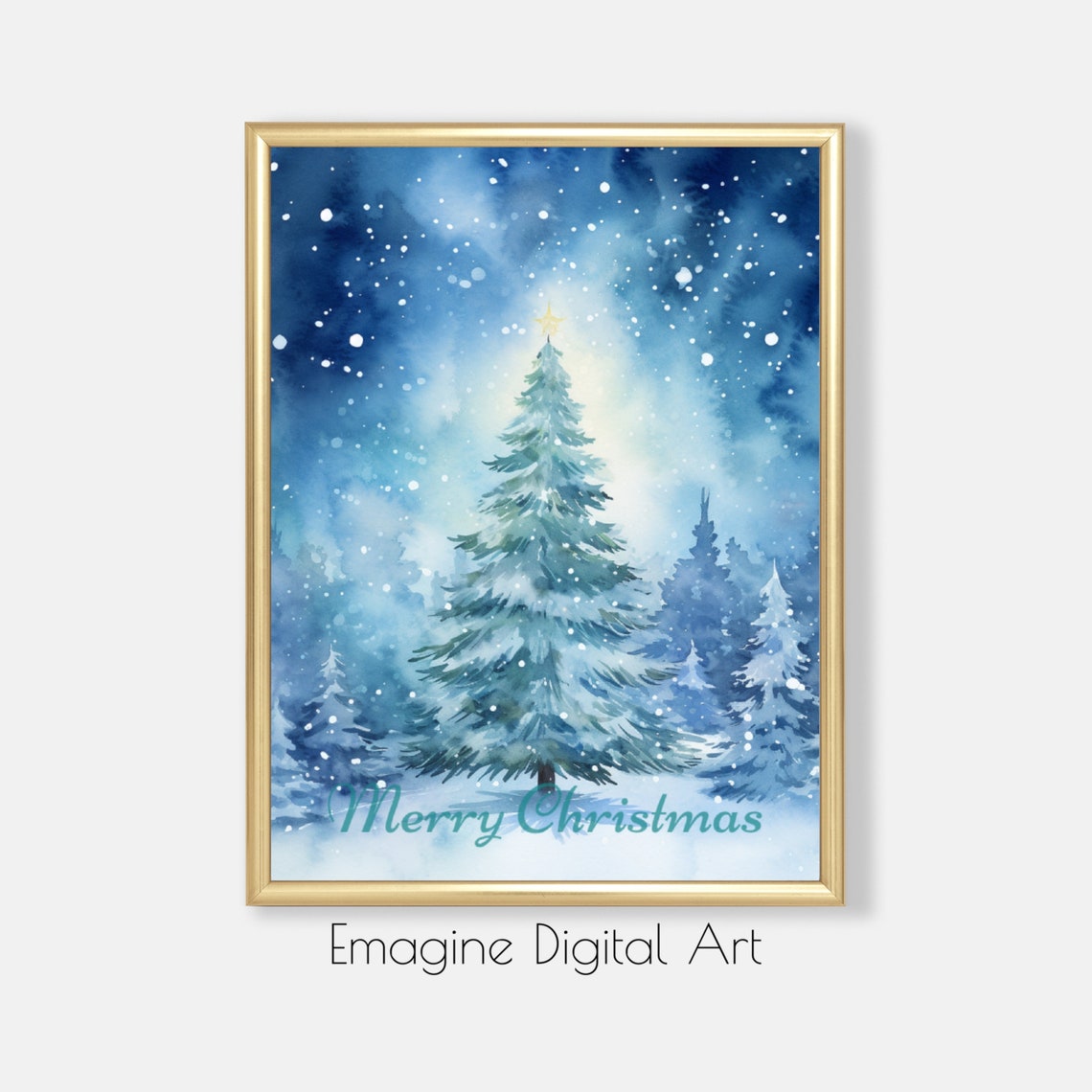 Merry Christmas Watercolor Snowy Blue Pine Tree Holiday Poster Art