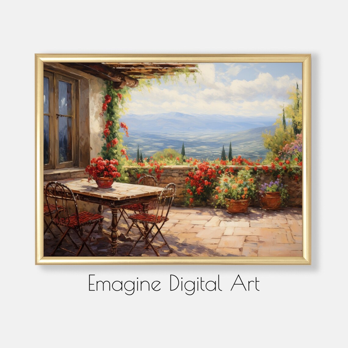 Italian Villa Terrace Red Flowers Pergola Landscape Painting Poster