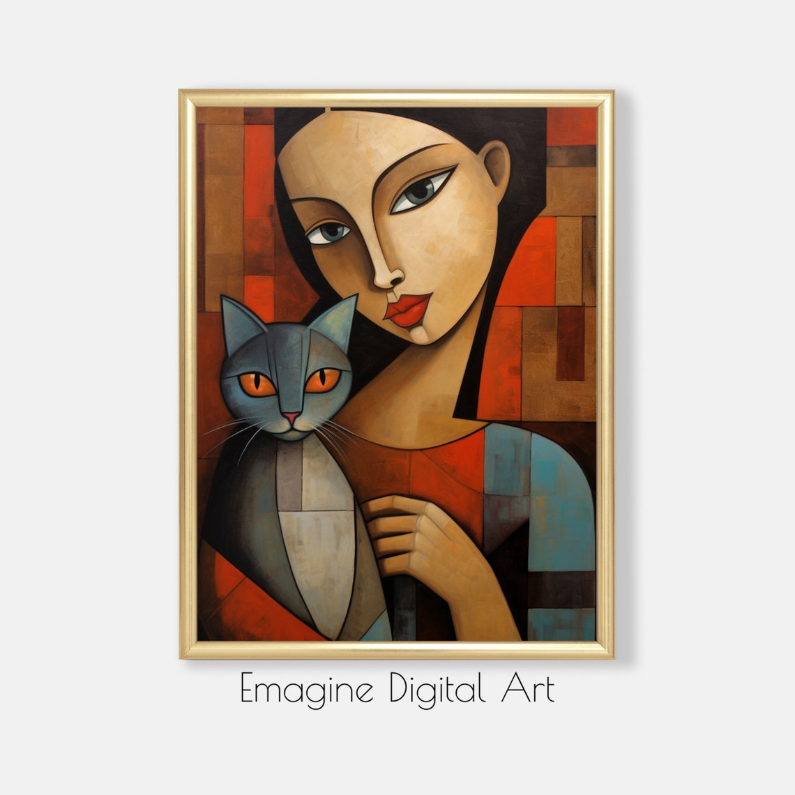 Cubist Woman Holding Gray Cat Bold Red Geometric Portrait Poster