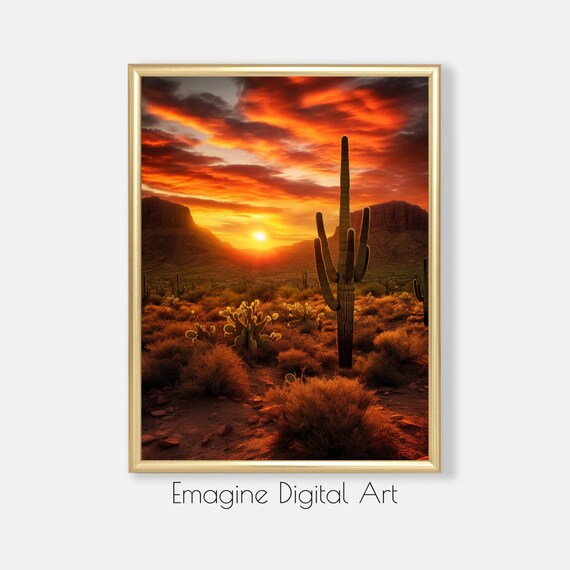 Dramatic Saguaro Cactus Desert Sunset Photography Golden Hour Poster