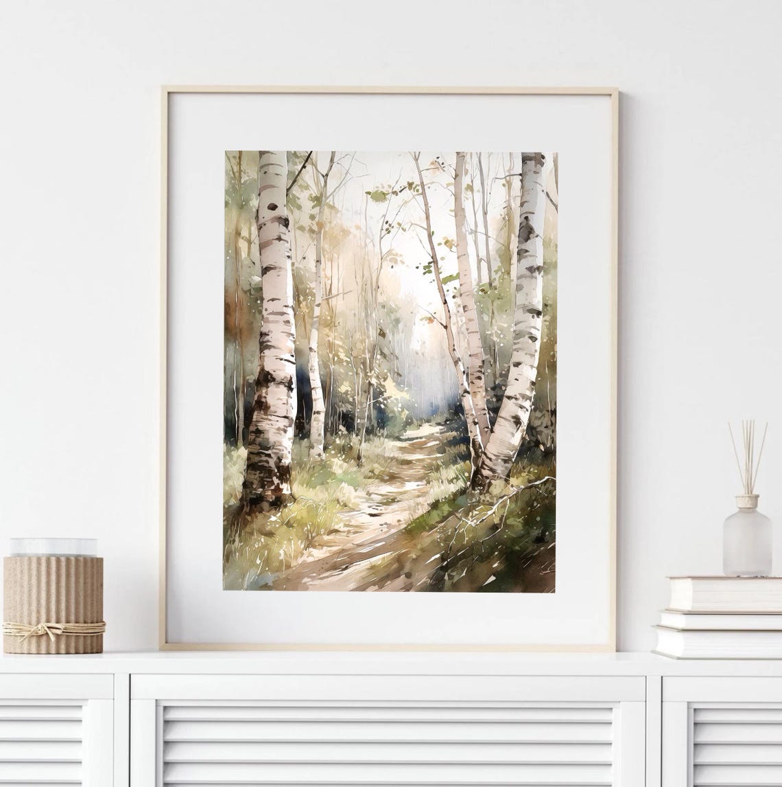 Birch Forest Path Misty Morning Light Serene Watercolor Poster - Image 4