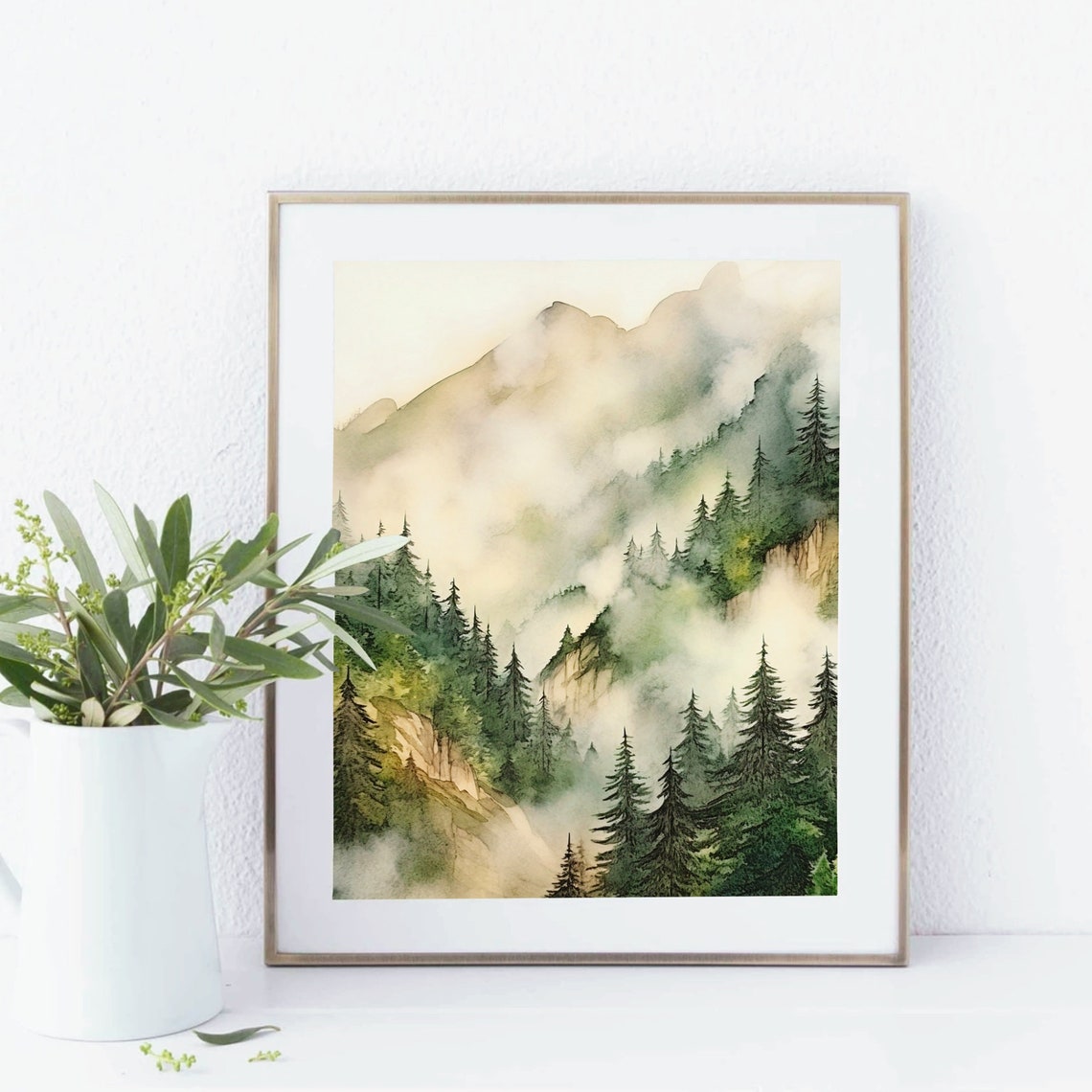 Misty Mountain Slope Evergreen Forest Clouds Watercolor Serene Poster - Image 2