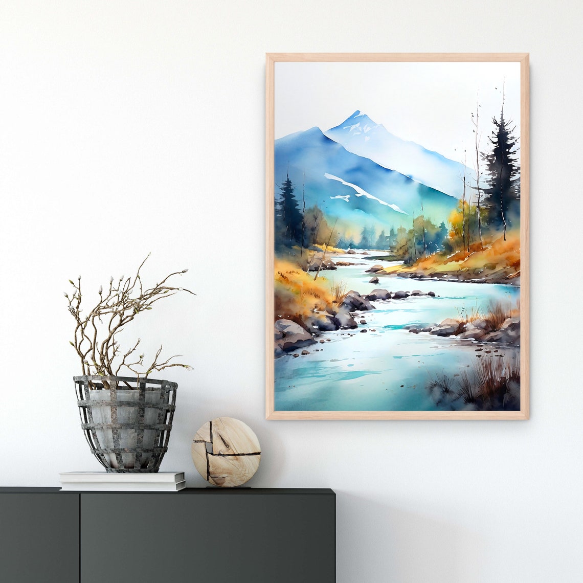 Misty Blue Mountain Peaks Alpine Stream Watercolor Nature Poster - Image 2