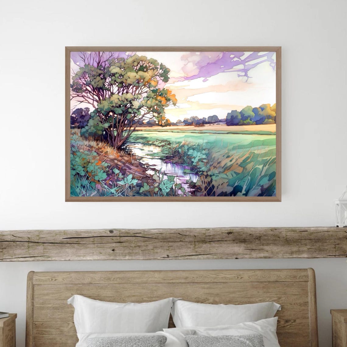 Sunlit Tree by Stream Pastel Meadow Watercolor Art Scene Poster - Image 4