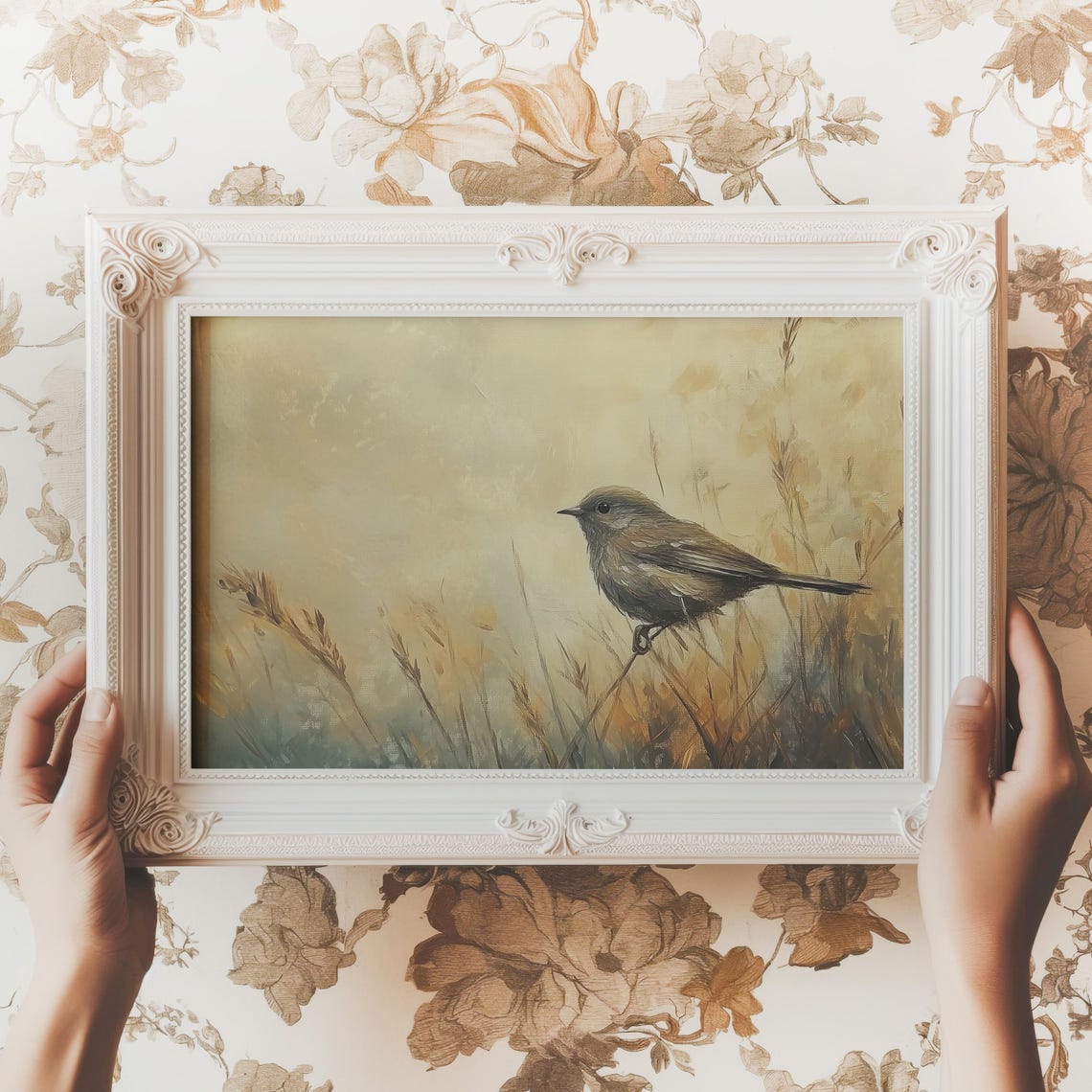 Meadow Bird Wheat Field Earthy Tone Vintage Nature Art Poster