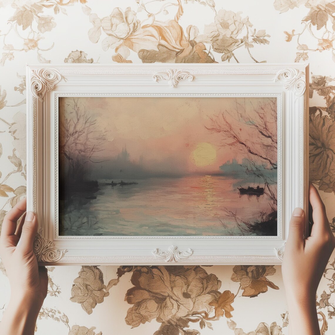 Golden Sunset Over Calm Lake Vintage Landscape Painting Poster