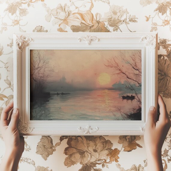 Golden Sunset Over Calm Lake Vintage Landscape Painting Poster