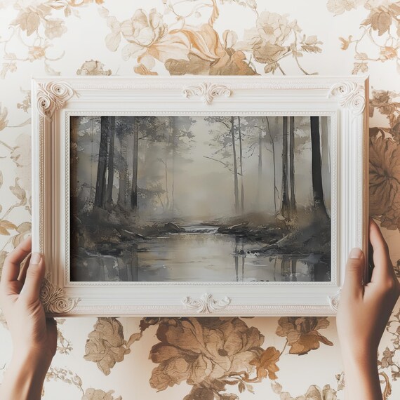 Dark Abstract Landscape Print Muted Neutral River Art Rustic Forest Decor Moody Summer Scenery Vintage Wall Art