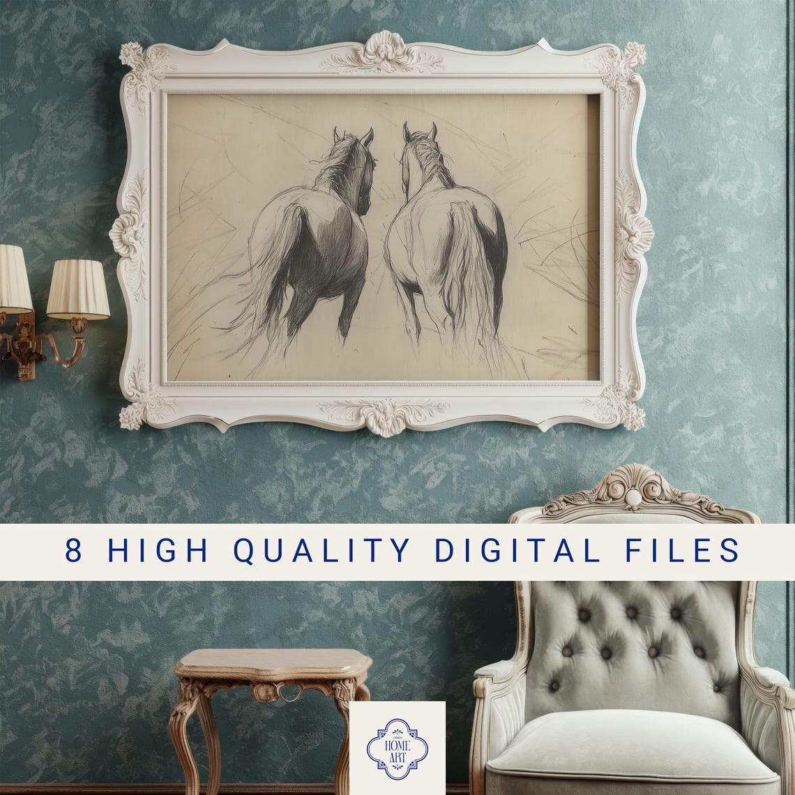 Two Horses Sketch Vintage Equestrian Charcoal Style Wall Art - Image 3