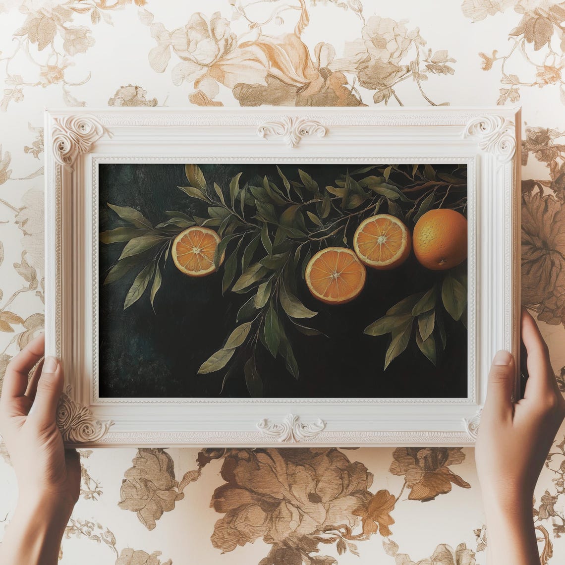 Orange Branch With Sliced Fruit Moody Dark Still Life Painting Poster