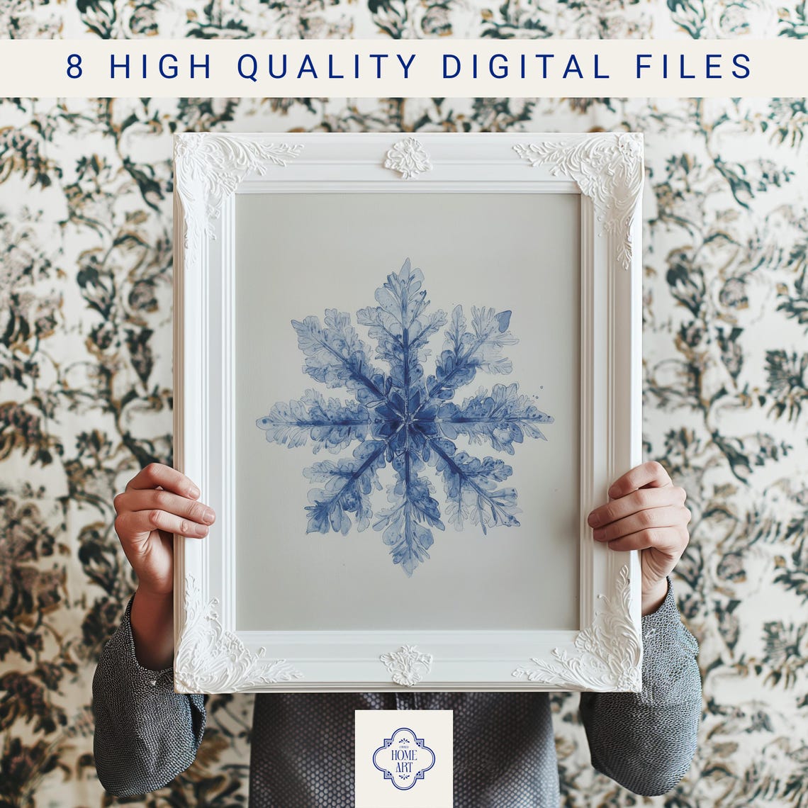 Blue Watercolor Snowflake Minimalist Winter Botanical Wall Art - Image 3