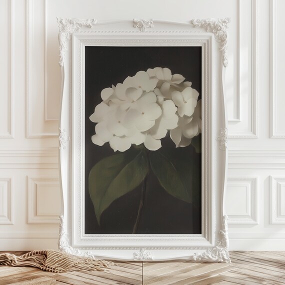 Vintage Hydrangea Painting Dark Moody Botanical Art Print Antique Floral Wall Decor Elegant Flower Decor