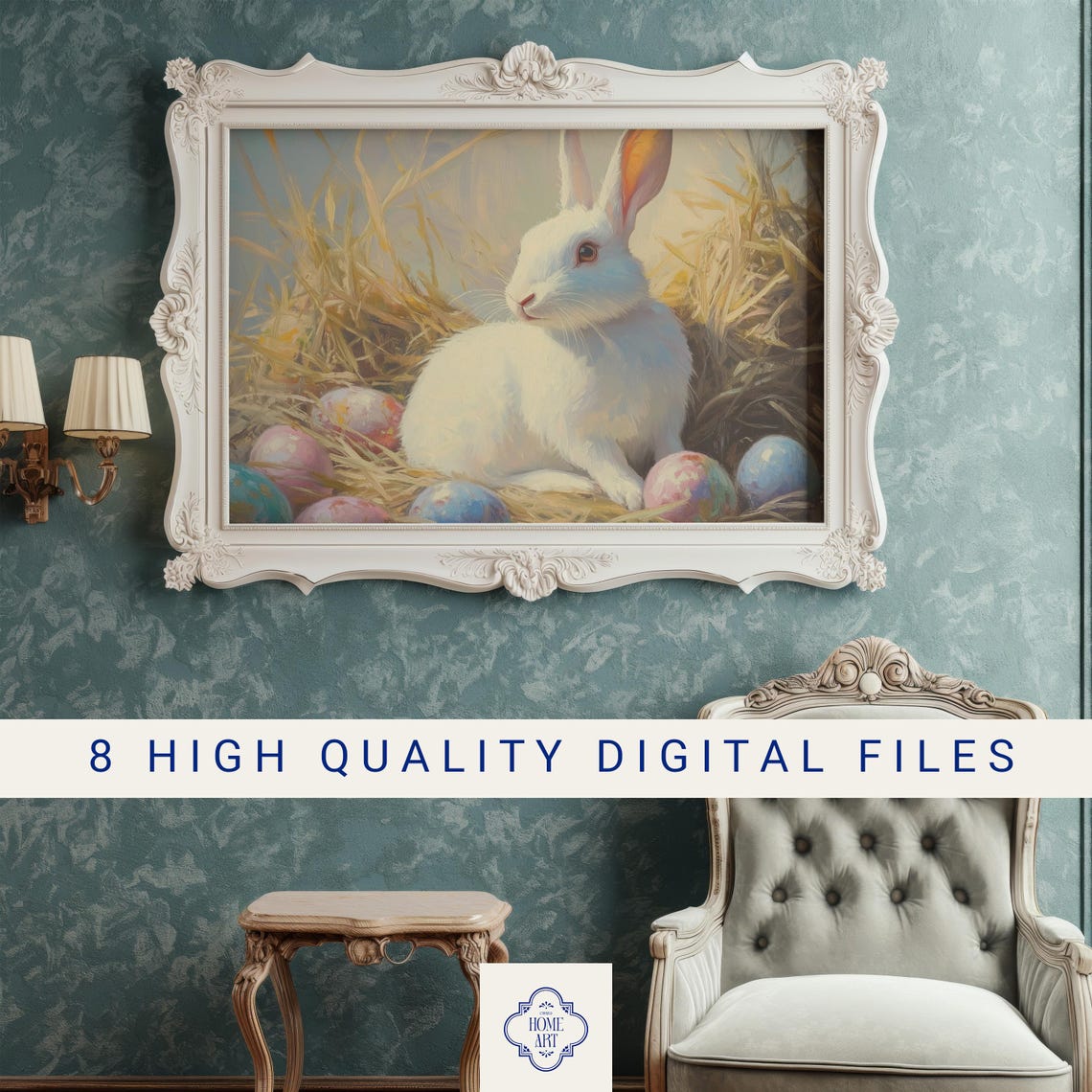 White Bunny with Colorful Painted Easter Eggs in Hay Art Print - Image 3