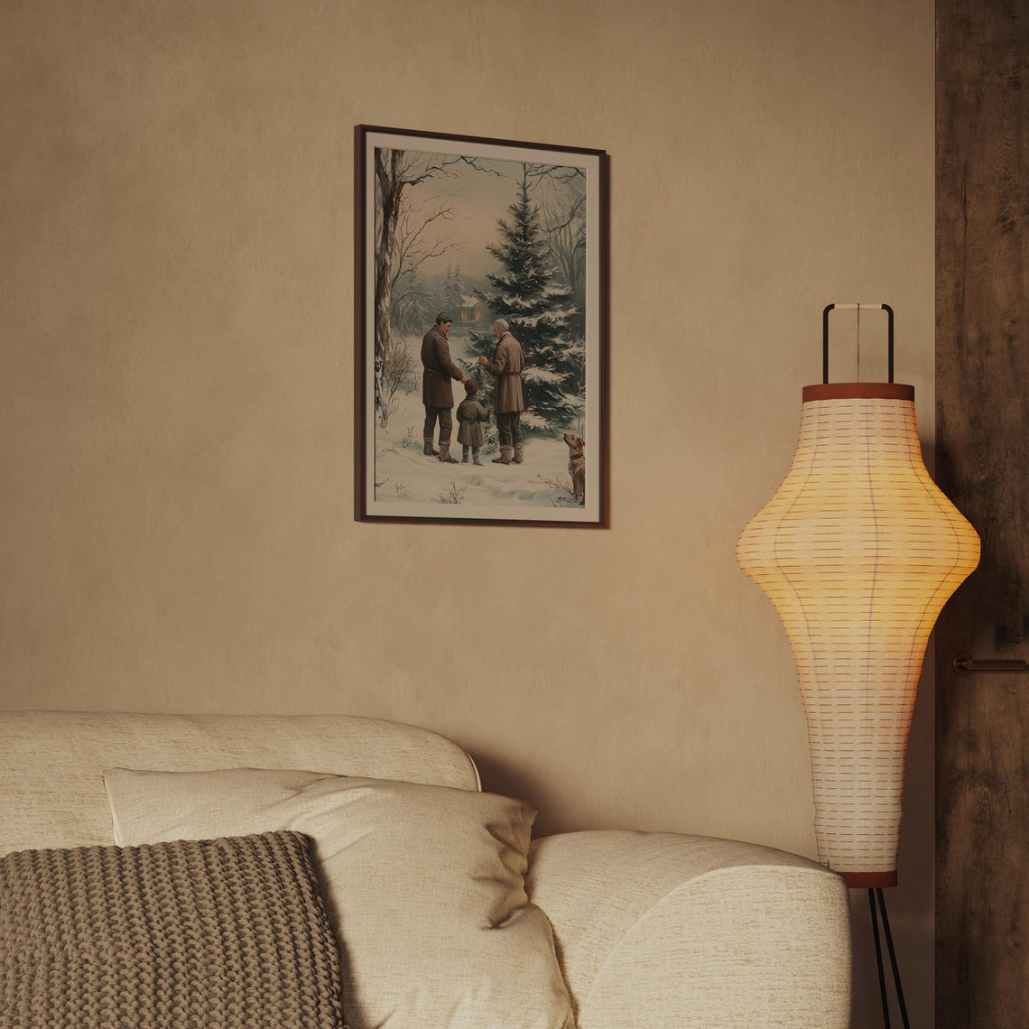 Family Decorating Christmas Tree In Snowy Woods Vintage Poster - Image 2