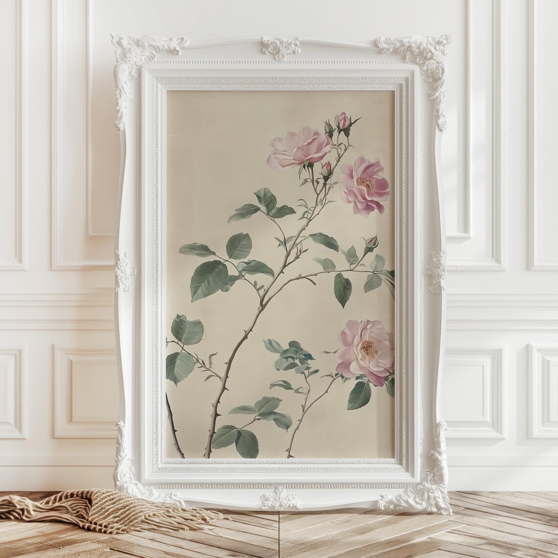 Climbing Pink Rose Branch Vintage Botanical Style Flower Wall Art