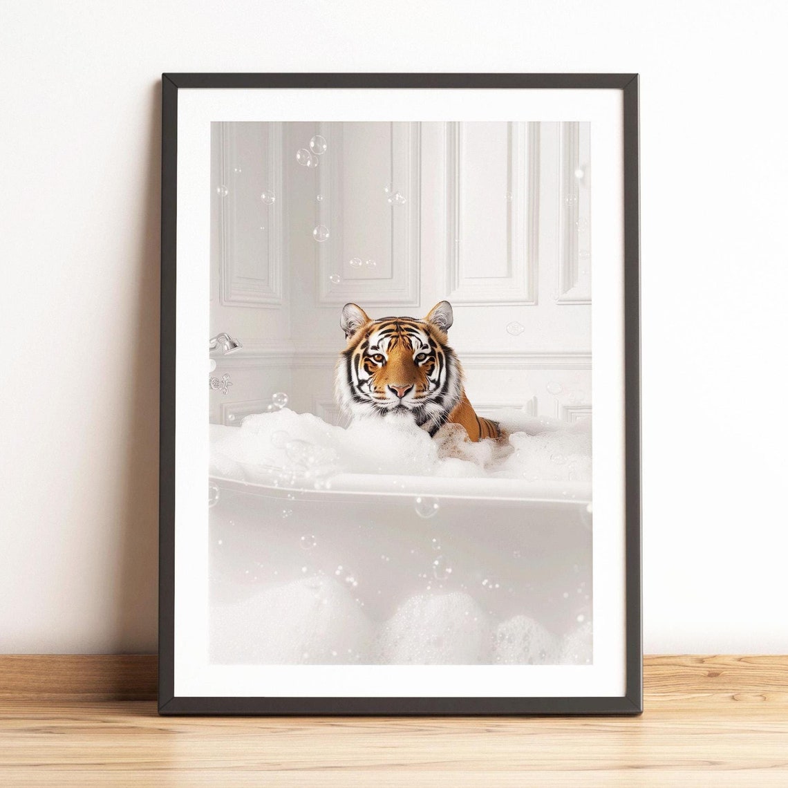 Tiger Soaking in Bubble Bath Bathtub Funny Animal Bathroom Wall Art