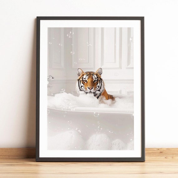 Tiger Soaking in Bubble Bath Bathtub Funny Animal Bathroom Wall Art