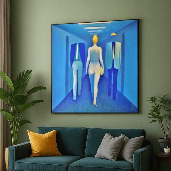 Surreal Blue Hallway Scene Canvas Abstract Figures Wall Art Modern Contemporary Artistic Home Decoration Bold Color Contrast