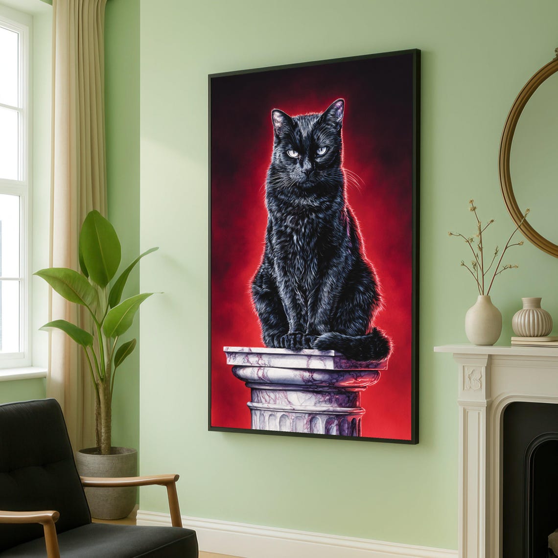Majestic Black Cat on Marble Pedestal in Red Gothic Style Poster