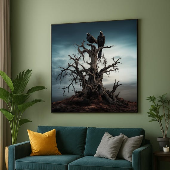 Dark Gothic Tree With Ravens Canvas Moody Nature Wall Art Spooky Forest Decor Halloween Atmospheric Home Decoration