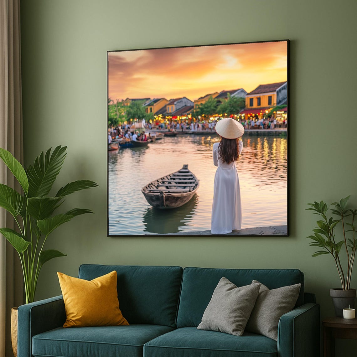 Vietnamese Traditional Dress Canvas Woman In Ao Dai And Non La Hat Hoi An River Sunset Asian Culture Wall Art Scenic Travel Decor