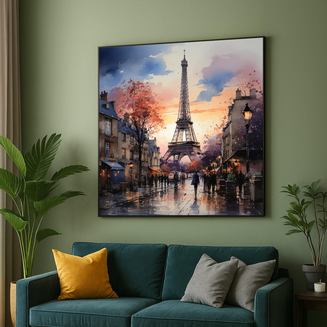 Paris Street Scene At Sunset With Eiffel Tower Watercolor Poster