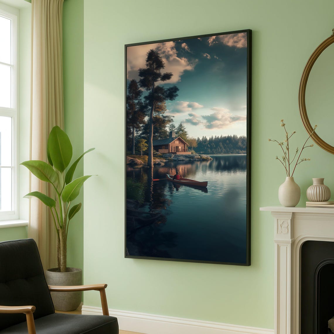 Tranquil Lakeside Cabin Canoe On Calm Water Canvas Nature Landscape Wall Art Forest Reflection Rustic Home Decor