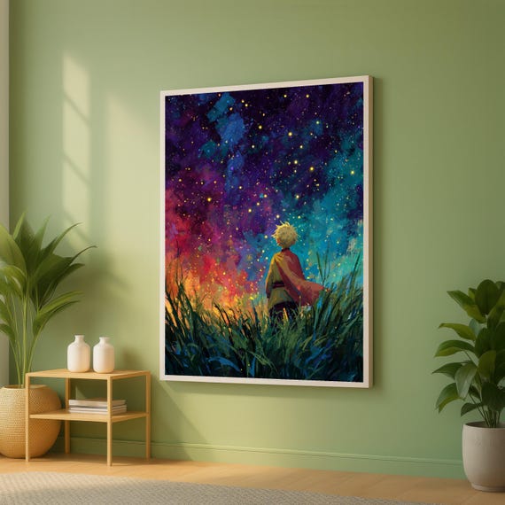 Enchanted Night Sky Canvas Starry Universe Wall Art Boy With Cape Painting Colorful Fantasy Landscape Imaginative Home Decor