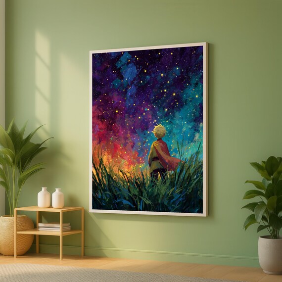 Little Boy With Cape Under Starry Night Sky Fantasy Art Poster