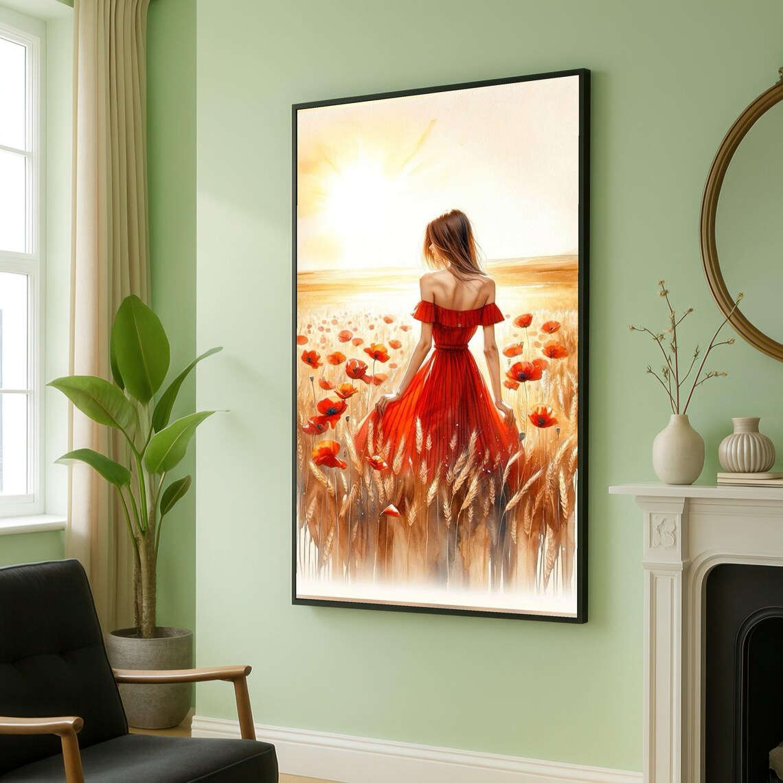 Woman in Red Dress Walking Through Sunset Poppy Field Poster