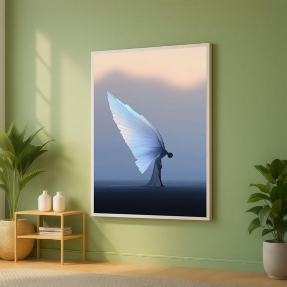 Ethereal Angel Wings Canvas Wall Art Silhouette Figure With Blue Translucent Fantasy Home Decor Inspirational Spiritual