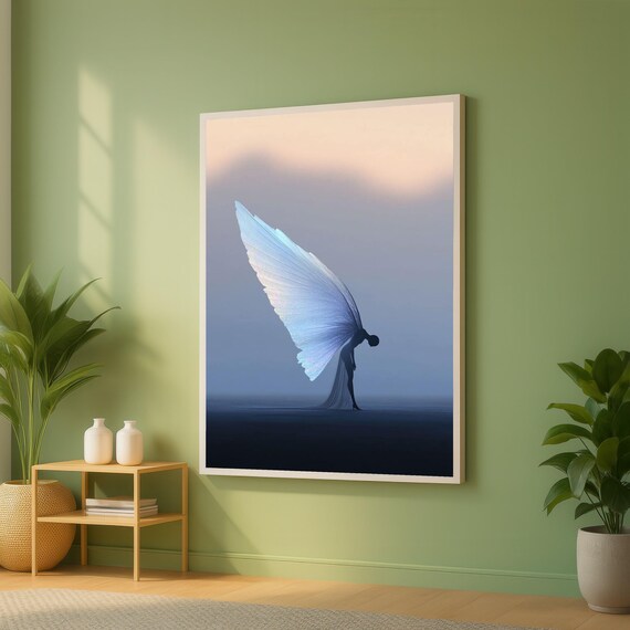Ethereal Translucent Blue Angel Wings Silhouette Fantasy Art Poster