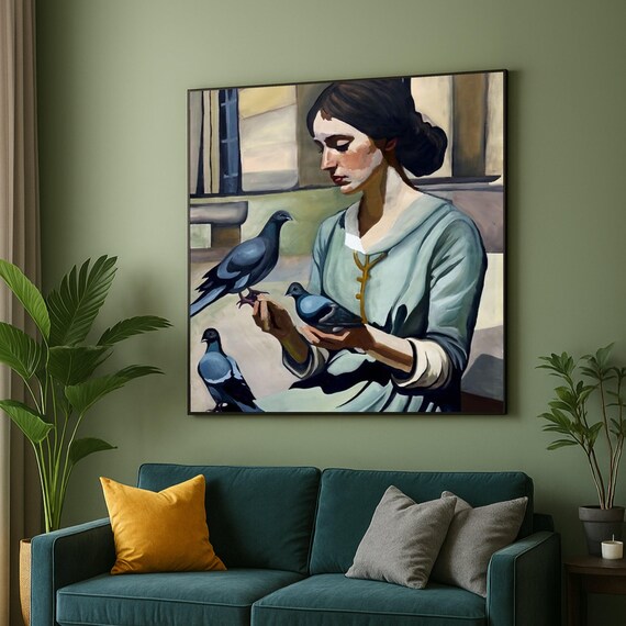 Woman With Pigeons Canvas Wall Art Figurative Painting Print Modern Portrait Soft Color Palette Home Decor Rebecca Aldernet