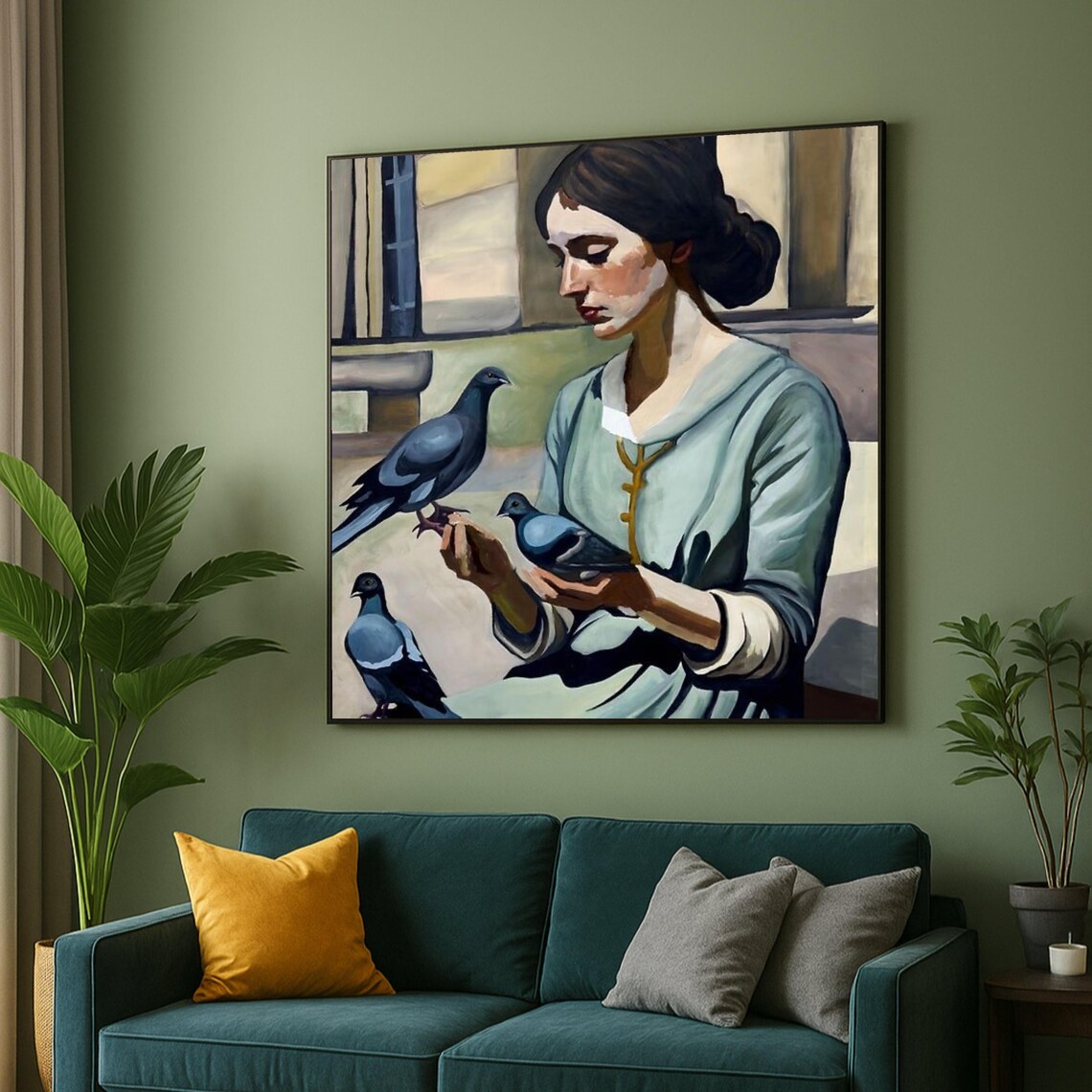 Woman Holding Pigeons Teal Dress Modern Figurative Art Poster