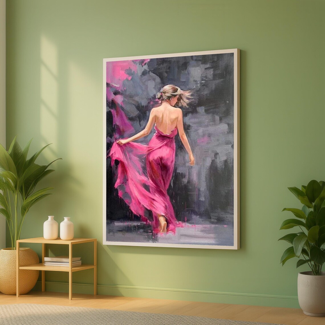 Woman In Flowing Pink Dress Back View Romantic Painting Wall Art