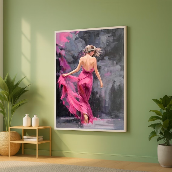 Woman In Flowing Pink Dress Back View Romantic Painting Wall Art