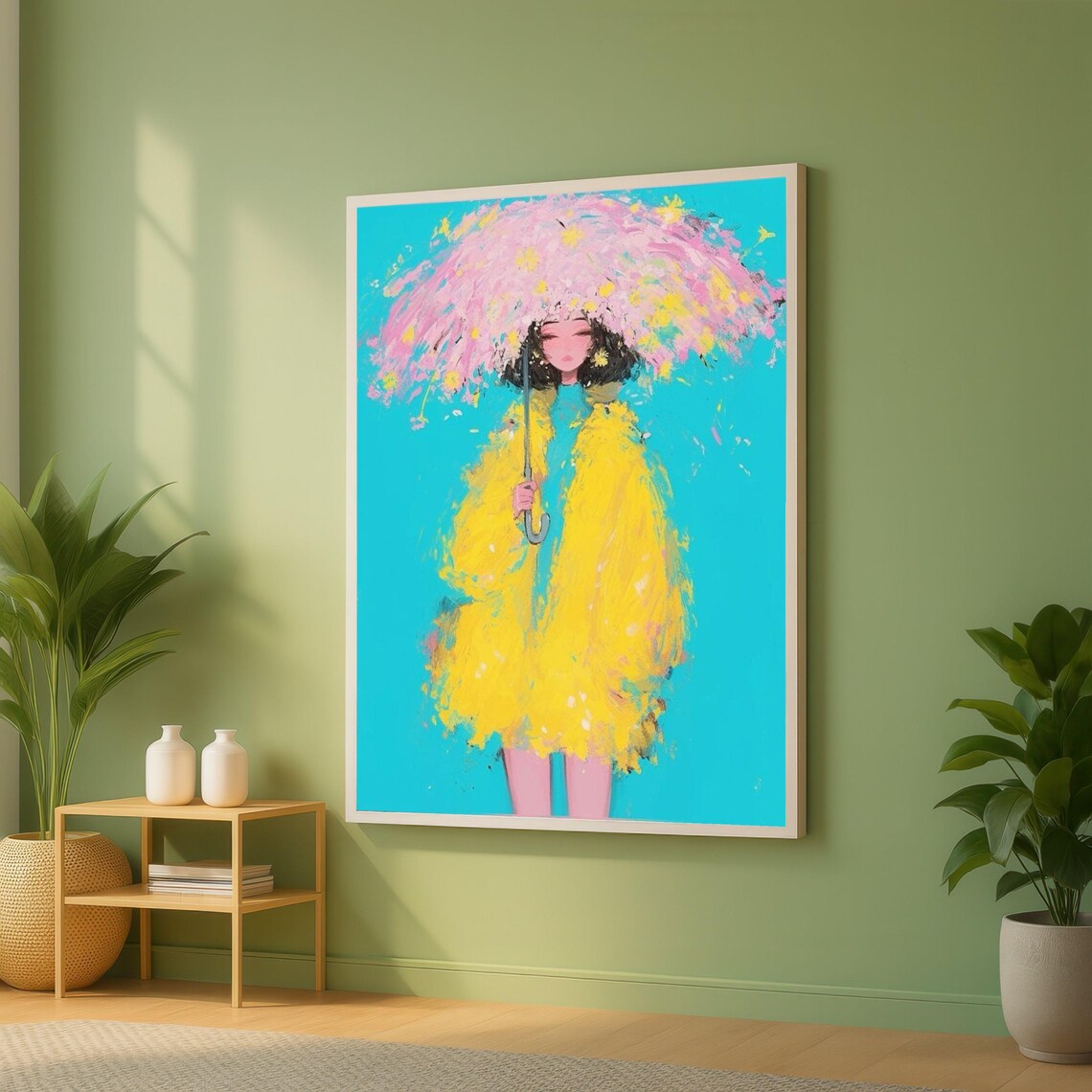 Girl in Yellow Raincoat Holding Floral Umbrella Blue Art Print
