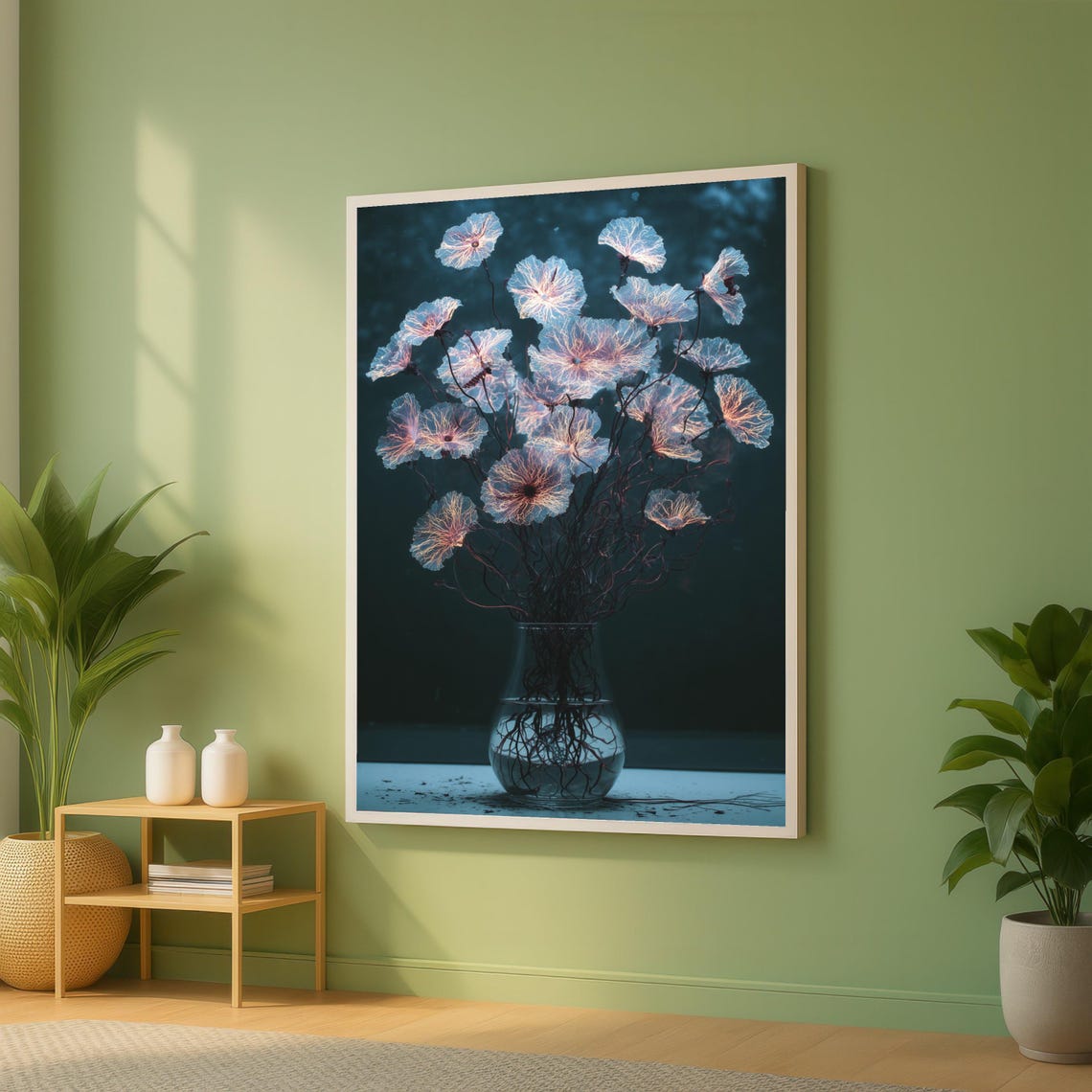 Glowing Fantasy Flowers Glass Vase Dreamy Botanical Art Poster