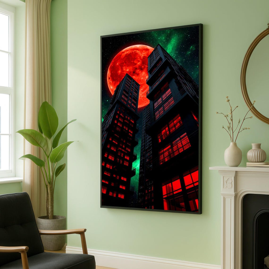 Red Moon Over Dark Neon Cityscape Futuristic Night Skyline Poster