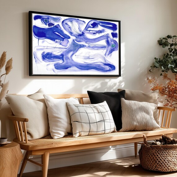 Abstract Blue Composition Canvas Sam Francis Style Wall Art Modern Expressionist Fluid Brushstroke Painting Contemporary Home