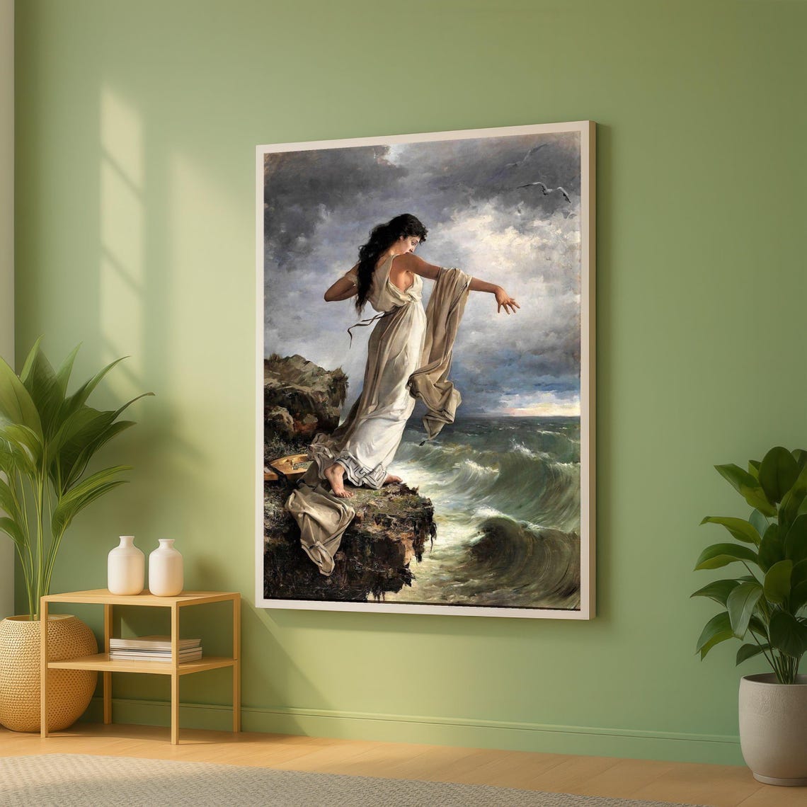 Dramatic Woman On Cliff Ocean Waves Classic Romantic Art Poster