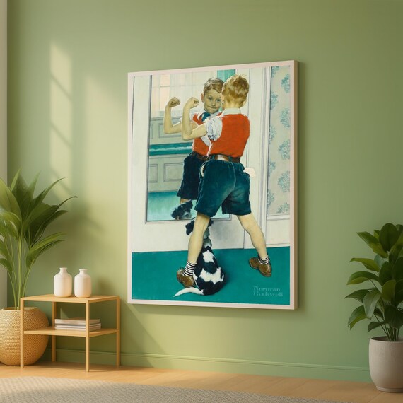 Norman Rockwell Boy Flexing Mirror Childhood Classic Scene Poster