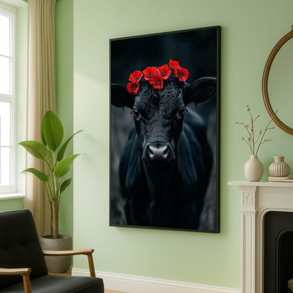 Black Cow With Red Poppy Flower Crown Portrait Dark Background Poster