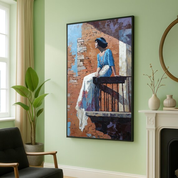 Vintage Woman In Blue Dress Canvas Rustic Balcony Scene Impressionist Wall Art Oil Painting Elegant Home Decor