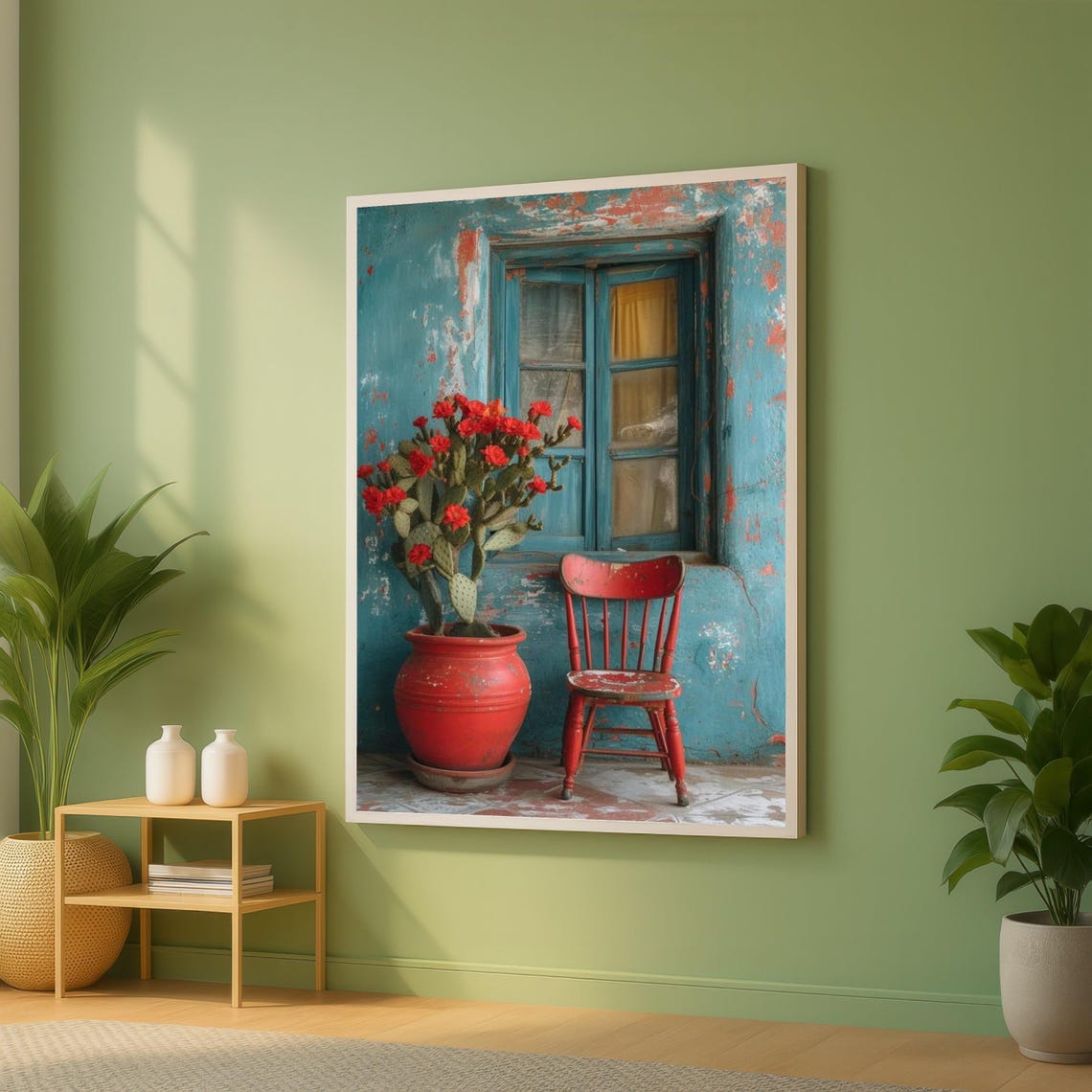 Red Cactus Bloom By Distressed Blue Window Southwestern Art Poster