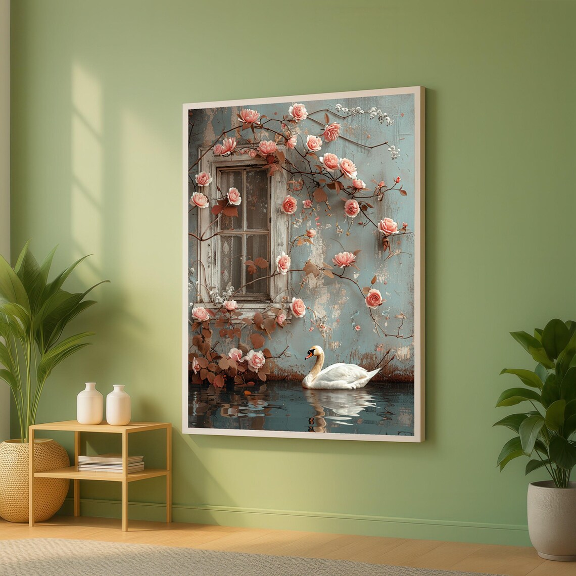 Elegant White Swan Vintage Window Pink Roses Floral Water Poster