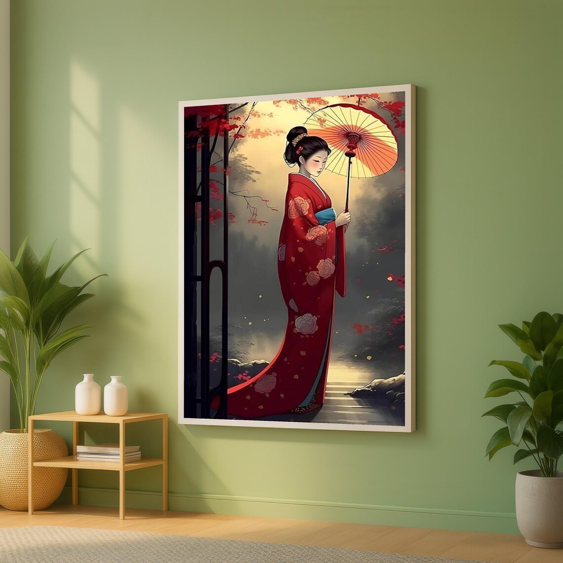 Elegant Geisha With Parasol Red Floral Kimono Garden Art Poster