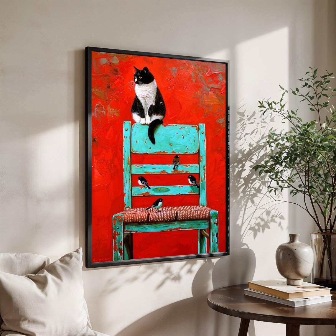 Tuxedo Cat on Turquoise Chair with Birds Whimsical Red Art Poster