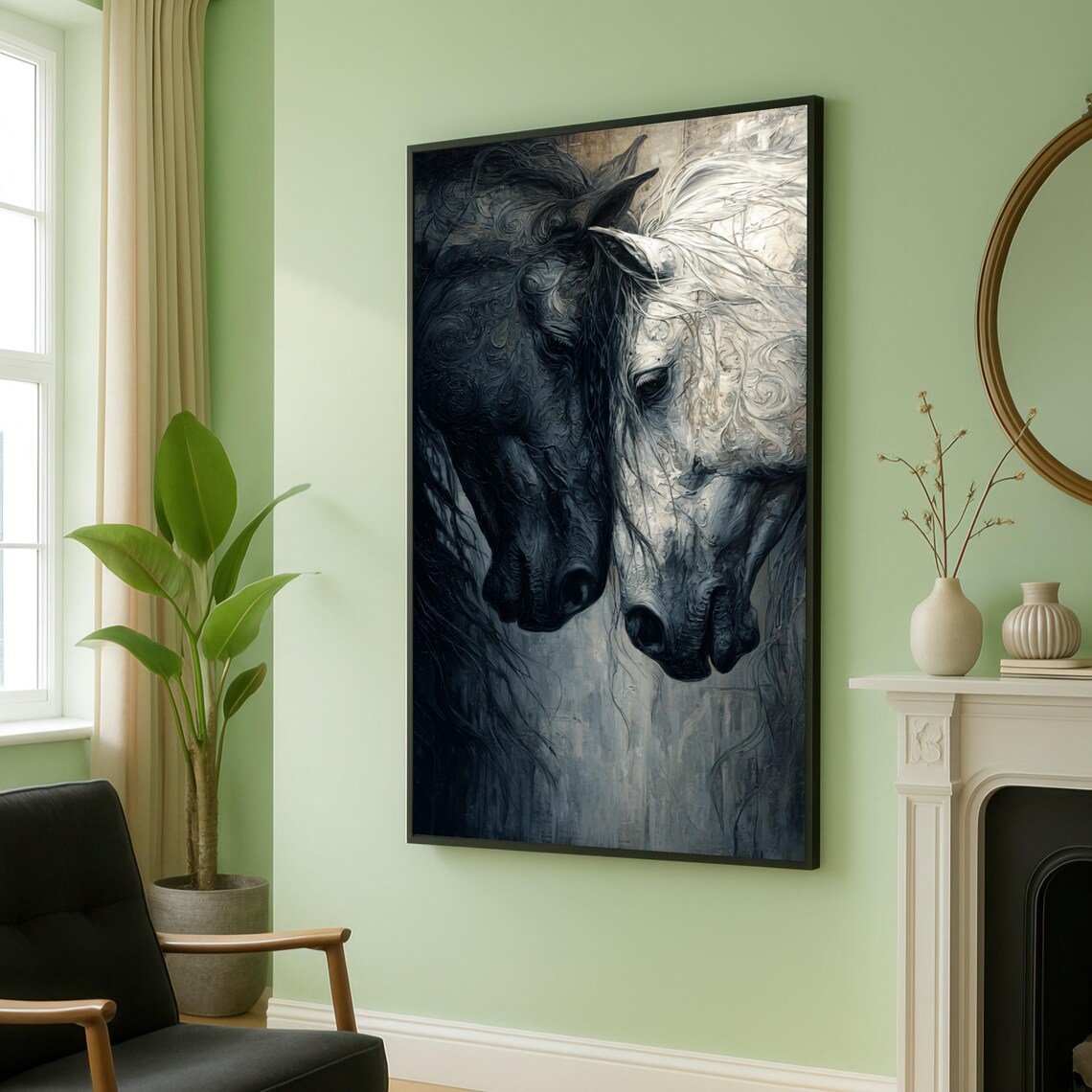 Black and White Horse Heads Nuzzling Textured Painting Poster